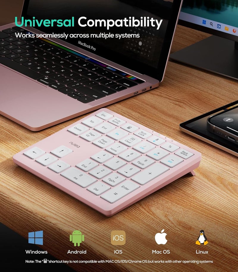 Nulea Wireless Number Pad Bluetooth 5.0 & 2.4G Portable Numeric Keyboard, USB-C Rechargeable, 34-Keys Bluetooth Keyboard for Data Entry (Pink) - Image 3